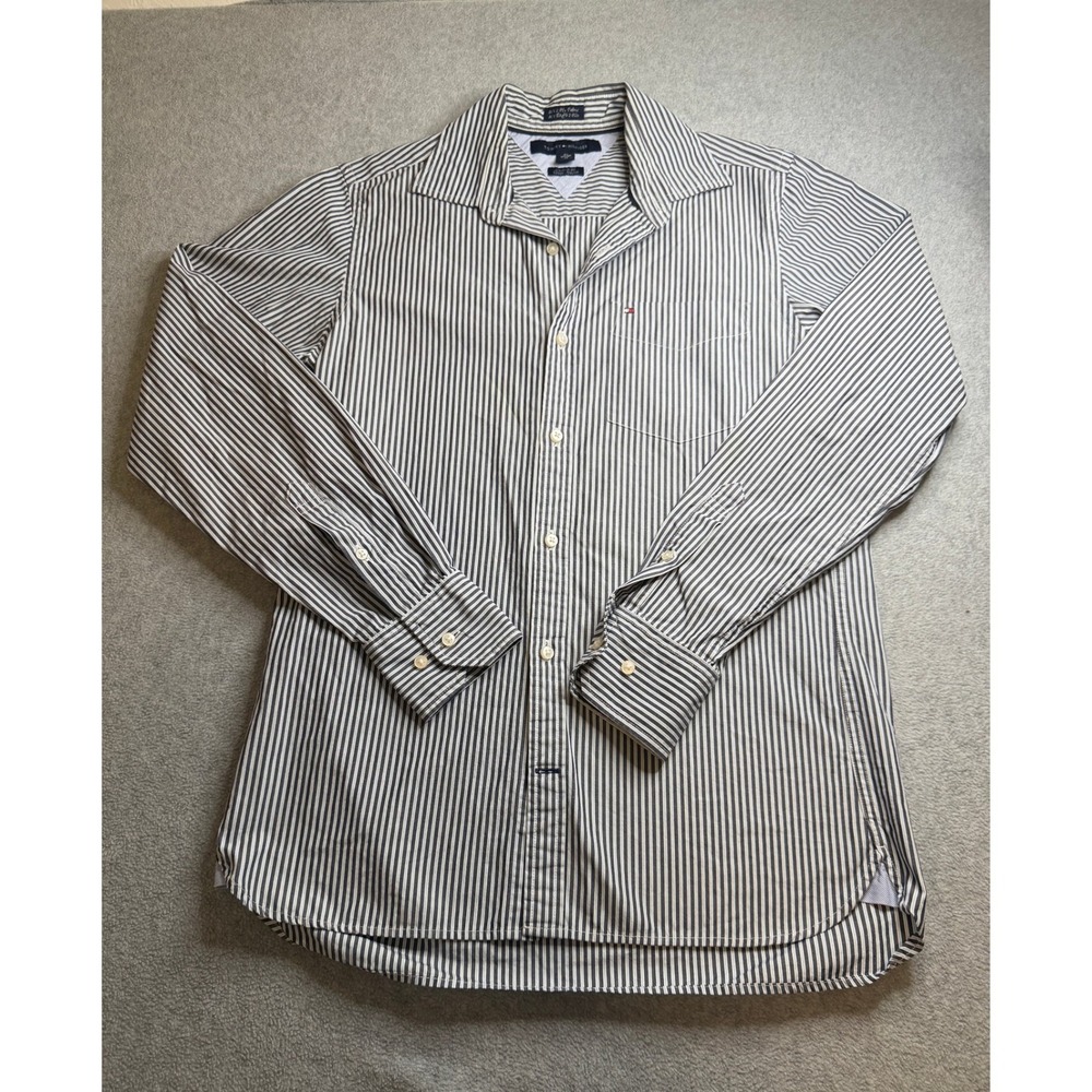 Tommy Hilfiger Womens Custom Fit Striped Button Down Shirt Navy White XS 14